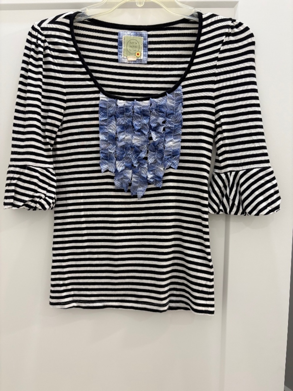 Little Yellow Button Black & White Striped with Blue Plaid Ruffled Top; Size: XS